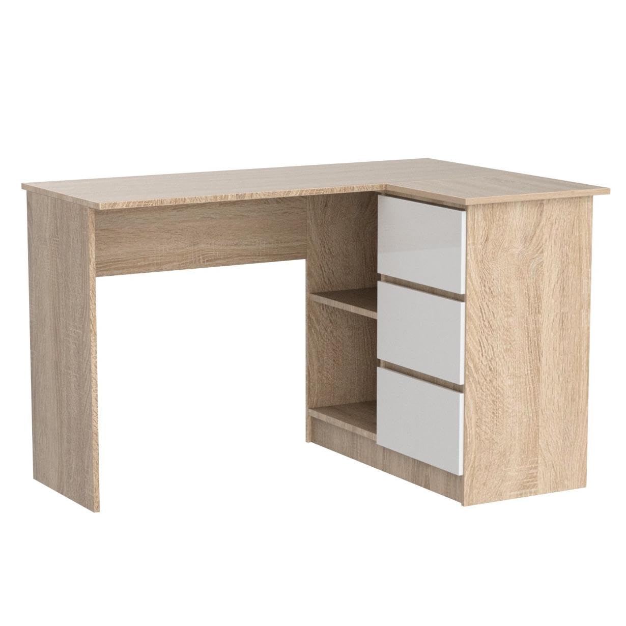 Escritorio esquinero AKORD B16 Roble Sonoma 124 cm con lado derecho 3 cajones frente en color Blanco 2 estantes 124x85x77 cm