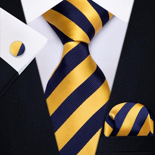 Image of YourTies Striped Ties for Men Classic Woven Silk Necktie with Handkerchief Cufflinks Set Formal Business Party Wedding