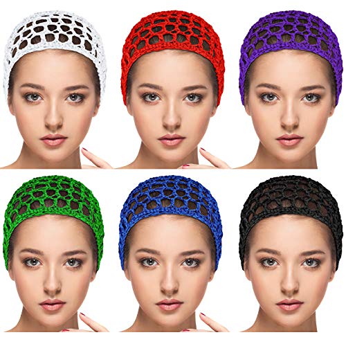 JenPen 6 Pieces Mesh Crochet Hair Net Crocheted Hair Net Cap Rayon Snood Hat Thick Short Women Hairnet Snoods Cover Ornament for Sleeping (White, Red, Purple, Green, Blue, Black)