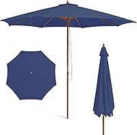 Vista 11 de HAPPYGRILL Sombrilla de madera para patio de 10 pies con polea de cuerda, 8 varillas de bambú, 3 alturas ajustables, techo ventilado, sombrilla