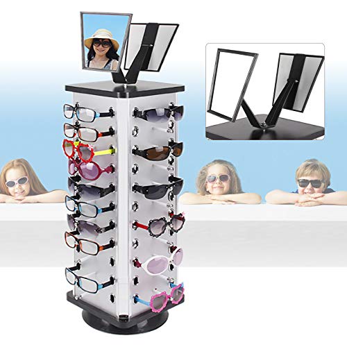 360 Rotating Sunglass Display Rack, 44 Pairs Sunglasses Holder Eyewear Glass Holder Sunglasses Organizer Stands Rack Rotating Eyeglass Organizer Commercial Display Stand Freestanding With Mirror (Square) #TOP3