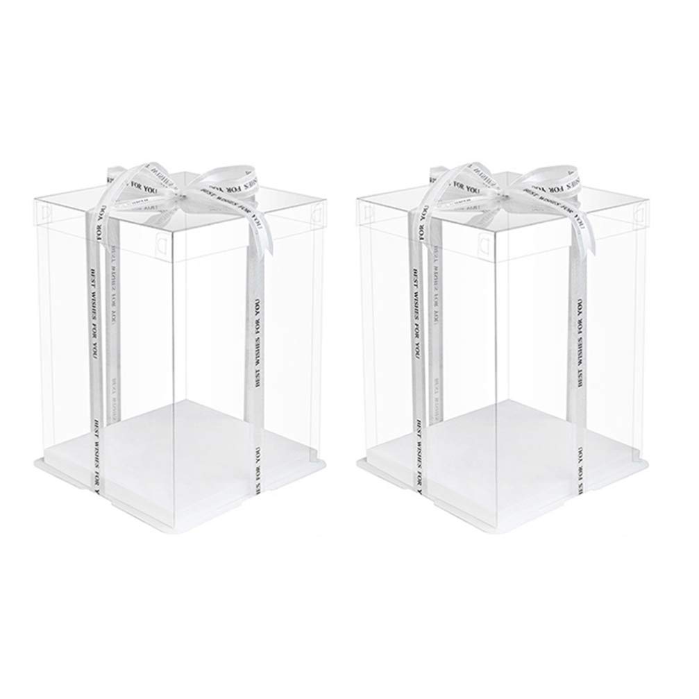 2Pcs Crystal Cake Boxes 2 Tier 8inch Transparent Cake Boxes Double Layer with Base Birthday Cake Box Square Cake Carrier Dessert Cake Cover Bakery Packaging Boxes (without Ribbon)