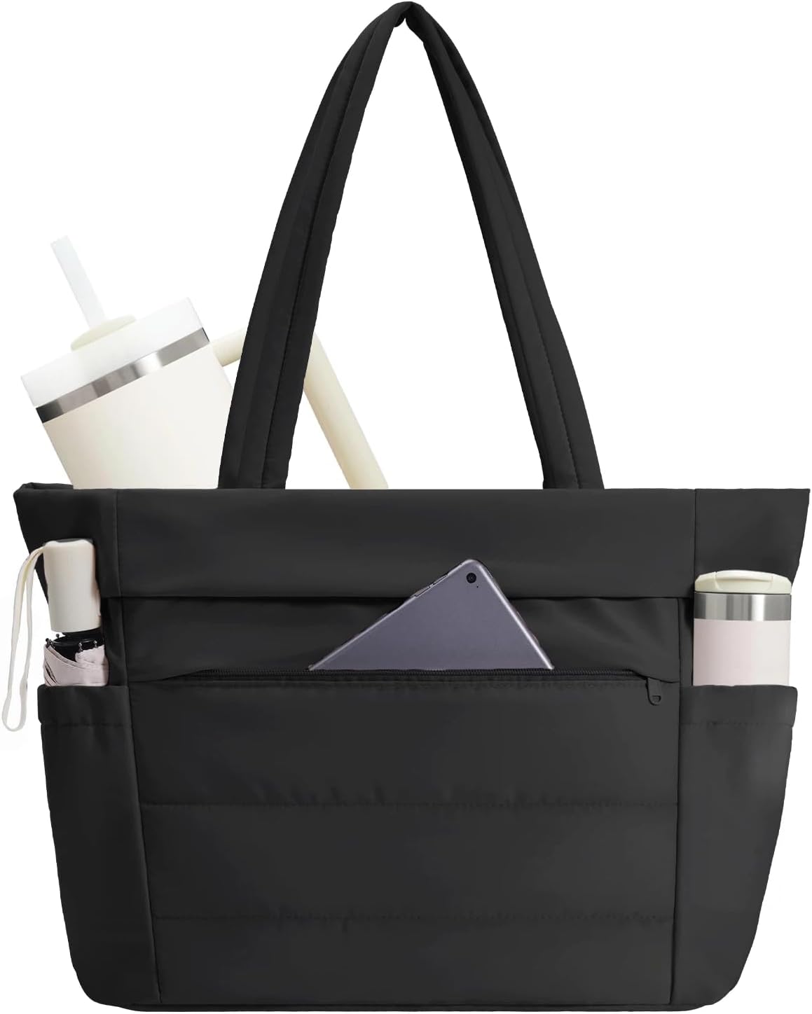 WANDF Work Tote Bag for Women, Puffy 15.6" Laptop Bag with Cup Holder, Quilted Handbag Travel Gym Bag for Nurse Teacher