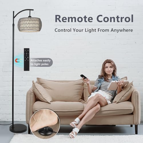 Image of Arc Floor Lamp for Bedroom, Boho Standing Lamp with Remote & LED Smart Bulb, Rattan Floor Lamps for Living Room with 3 Color Temperatures, Height Adjustable Corner Tall Lamp, Stand up Light for Office