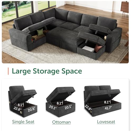Image of HONBAY Modular Sectional Sleeper Sofa with Pull Out Bed,Corduroy U Shaped Couch with Storage, Sectional Couches for Living Room,Dark Grey