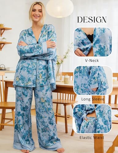 Image of Yimoon Satin Pajama Set for Women Silk Pajamas Set 2 Piece Floral Cute Pj Set Long Sleeve Pjs Sleepwear