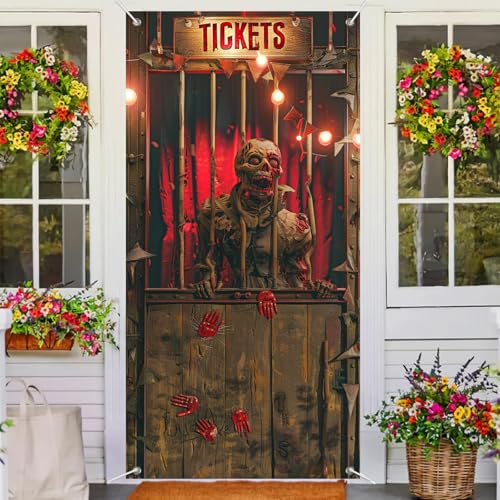 Image of BlissYard Halloween Zombie Booth Door Cover 35x71 Inch Polyester | Entry Banner, Wall Backdrop | Zombie Booth Door Decor, Indoor Party Scene | Porch, Hallway, Photo Area (Night Art)