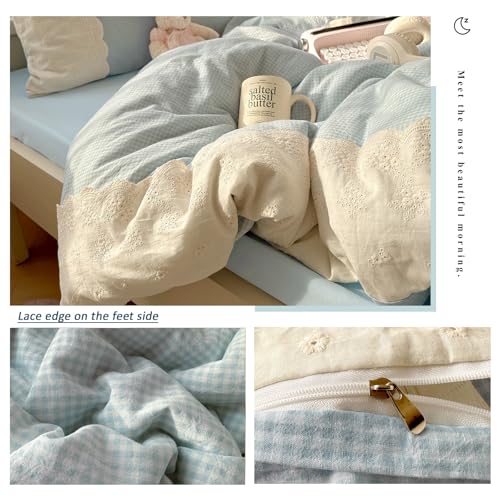 Image of VM VOUGEMARKET Blue Plaid Duvet Cover Set Queen Romantic Lace Duvet Cover with 2 Pillowcases Sky Blue Gingham Comforter Cover for Teen Girls