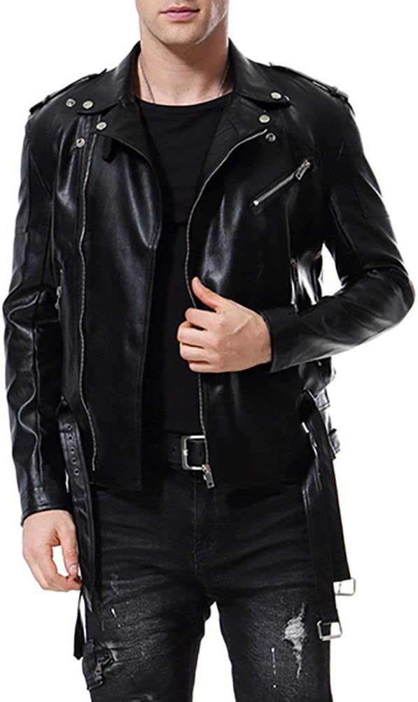 AOWOFS Men's Motorcycle Faux Leather Jacket Zip Slim Fit Double Belt Punk Biker Jacket