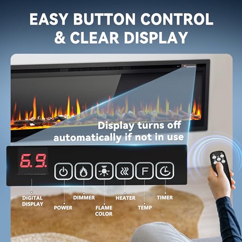 Image of EUHOMY 60 Inch Electric Fireplace Recessed Wall Mounted Freestanding with Remote Control, Ultra-thin Fireplace Heater with Adjustable Flame Color, Linear Fireplace with Timer, Log & Crystal, 750 /1500W