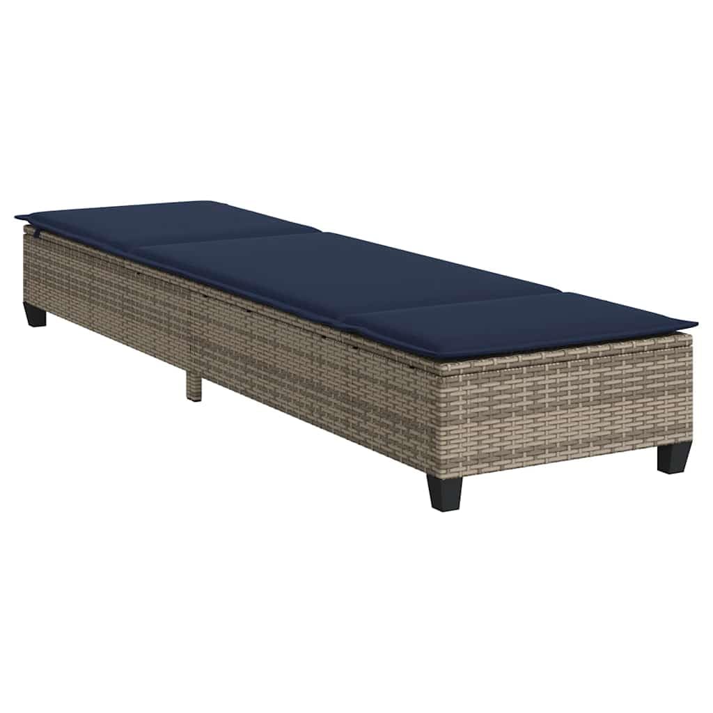 Leżak do opalania z poduszkami, szary, 55 x 200 x 25,5 cm, polirattan, regulowane oparcie, fotel ogrodowy na taras, balkon, leżak relaksacyjny z poduszkami do wellness i odpoczynku