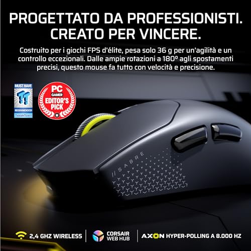 SABRE v2 PRO Ultraleggero Wireless FPS Mouse Gaming - 33.000 DPI, 36g di Peso, 8.000Hz Hyper-Polling, Interruttori Meccanici, Fino a 70 Ore di Durata della Batteria Wireless - Nero - Mouse gaming - Immagine 1