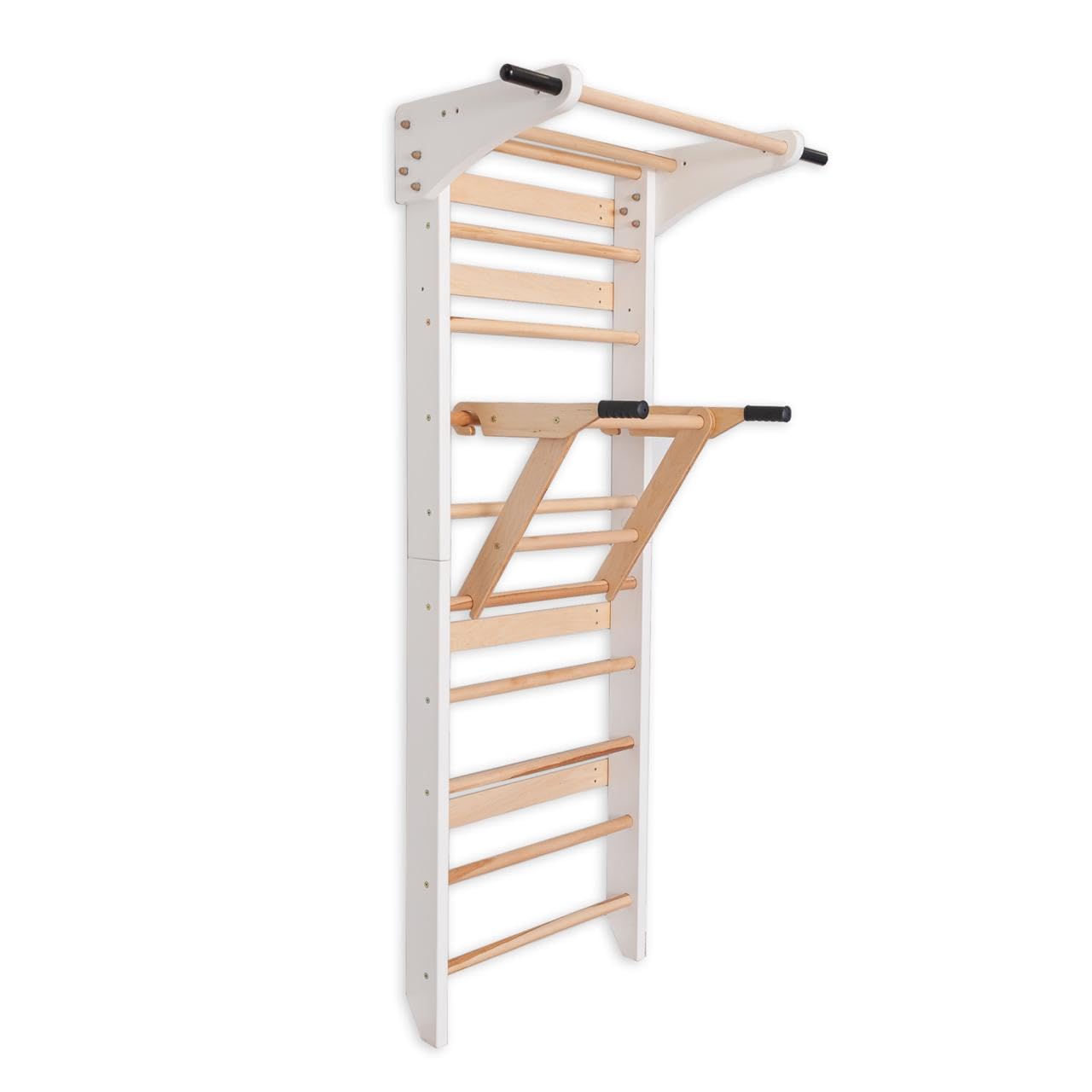 Parete a pioli in legno con barra per trazioni e parallele (pieghevole) - Struttura per arrampicata interna per bambini e adulti - Parete da ginnastica fino a 150 kg, scala da parete per