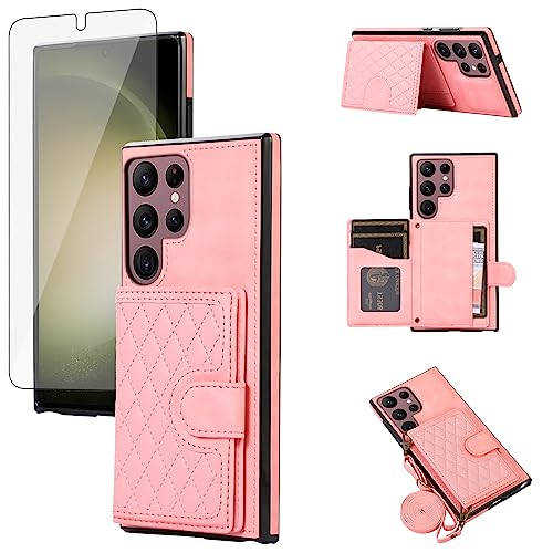 Étui portefeuille Samsung S22 Ultra en cuir élégant avec bandoulière Rose