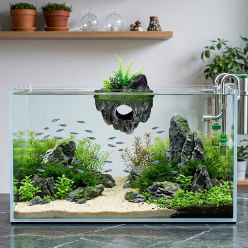 Image of Garneck 2Pcs Floating Island for Aquarium Decor: Resin Suspended Stone with Hideout Tunnel & Artificial Plants for Betta Guppy Shrimp Hermit Crabs Fish Tank Landscape Ornament