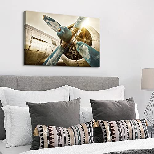 Image of Vintage Airplane Wall Art, Aviation Military Aircraft Propeller Canvas Prints Picture Art Office Wall Decor 16x24 inch, Modern Fighter Jet Engine Painting Artwork for Living Room Bedroom Home Decoration