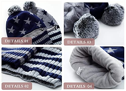ZWA Baby Girls Boys Winter Hat Scarf Earflap Hood Scarves Toddler Kids, Grey+navy, 2-5T3