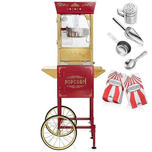Olde Midway Movie Theater-Style Popcorn Machine Maker with Cart and 10-Ounce Kettle - Red, Vintage-Style Popper on Wheels