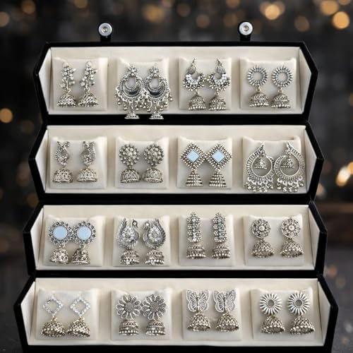 Image of 16 Pair Oxidised Silver Earring Jhuma Box Combo Set - Traditional Jhumka Earrings, Chandbali & Stud Collection for Women, Silver Trendy 16 Pair Earrings Jhumka Earrings Wirh Black Velvet Box