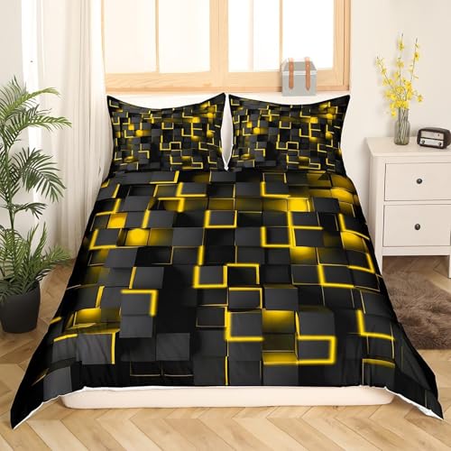 Tabeskly Parure de lit double avec housse de couette à fermeture éclair pour lit double Motif géométrique Jaune Noir 200 x 200 cm