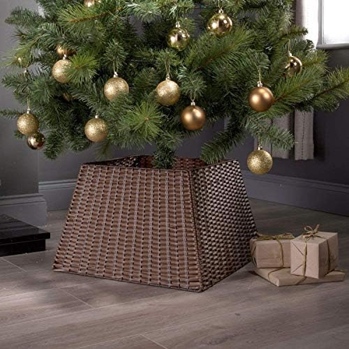 Christmas Tree Skirt Dark Brown Strong Willow Rattan Xmas Festive Wicker Stand Base Basket Cover Perfect for Indoor Use Tidy Decor Folds For Easy Storage