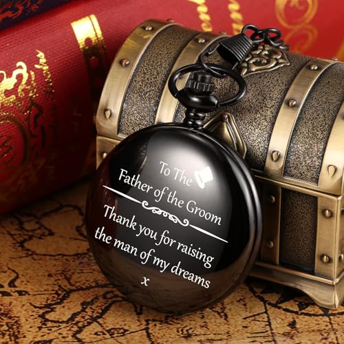 Image of TREEWETO Mens Engraved Pocket Watch Father of The Groom Gifts from Bride - to Dad of Groom Pocket Watches Wedding Gift for Father in Law