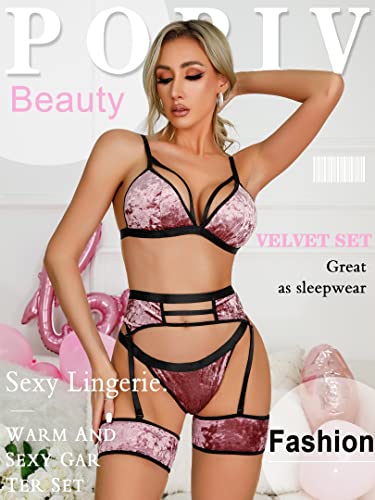 Image of popiv Women's Sexy Lingerie Set with Garter Belt Matching Bra and Panty Lingeries Sets 4 Piece
