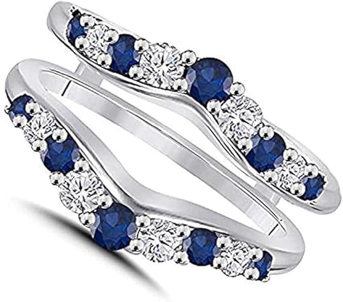 Round Cut Blue Sapphire & Diamond In 925 Sterling Silver 14K White Gold Over Diamond V Shape Engagement Enhancer Ring for Women's