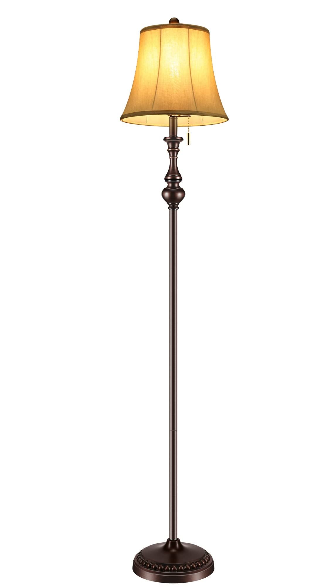 LINNMON Vintage Floor Lamp - Tall Standing Lamp With Light Gold Fabric Shade & Pull Chain - View #6