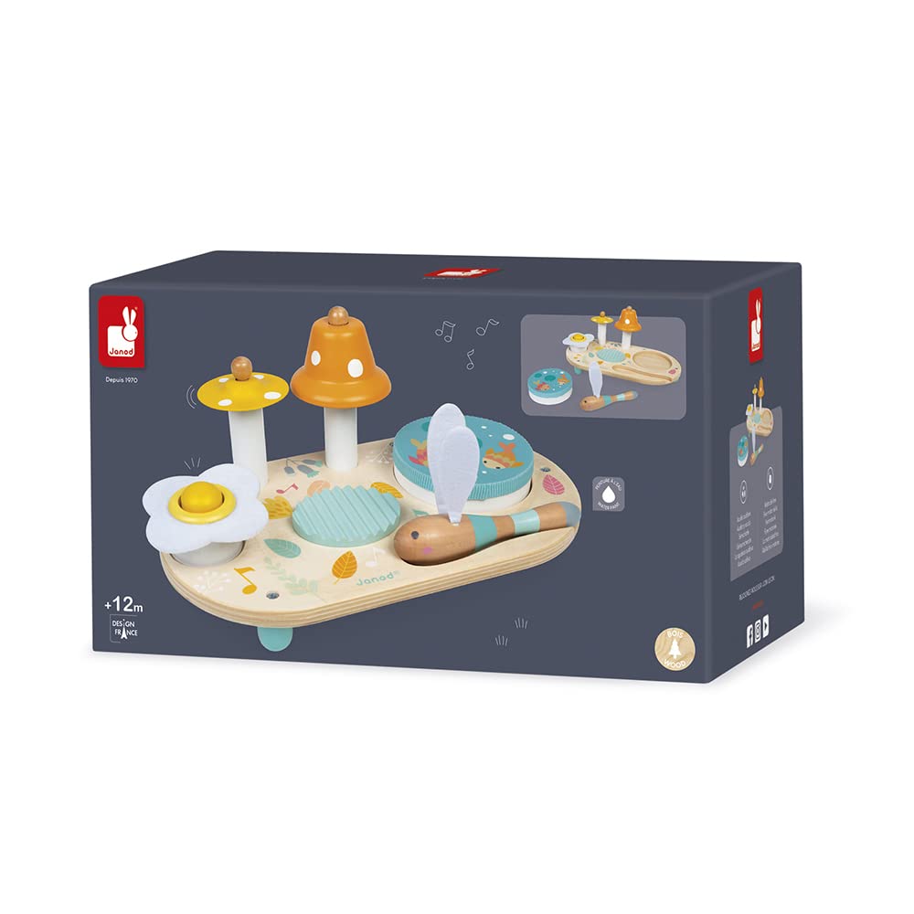 Janod - Pure Wooden Musical Table - Wooden Musical Early Learning Toy - with Cymbal, Bell and Removable Tambourine - Water Based Paint - from 3 Years Old, J05164