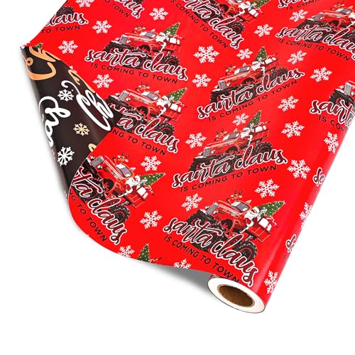 Vnaaem Reversible Monster Truck Christmas Wrapping Paper Roll for Kids Men - Red Xmas Truck, Santa Claus & Merry Christmas Lettering Design Gift Wrap for Holiday Party Celebration, DIY Craft - 17 In X 20 Ft(Total 28.5sq.ft)