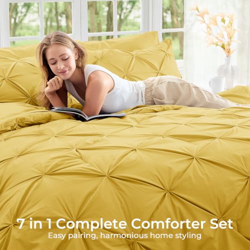 Image of Sasttie Queen Comforter Set, 7-Piece Bed in a Bag, Pintuck Bedding Sets for All Season, Includes Comforter, Flat Sheet, Fitted Sheet, Pillowcases and Pillowshams, Mustard Yellow