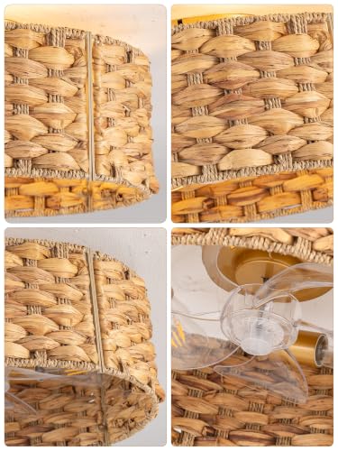 Image of 19 inch Boho Handwoven Rattan Ceiling Fan with Light Flush Mount Low Profile