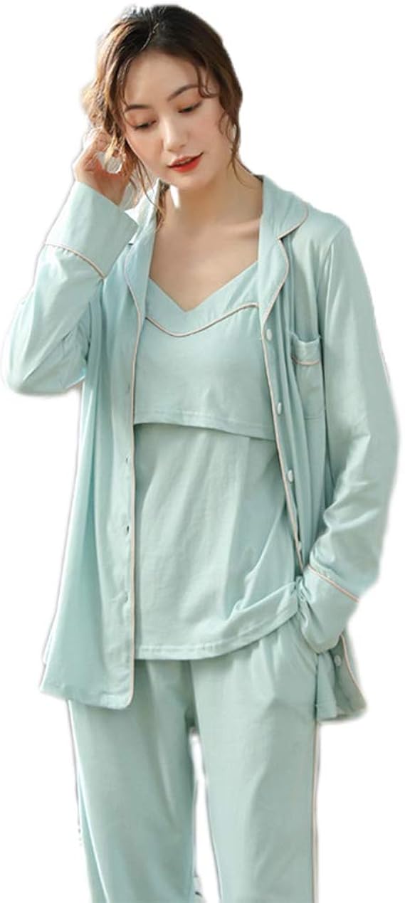 Amazon パジャマ レディース ルームウェア ナイトウェア 3点セット キャミソール 長袖 長ズボン 前開き ラペル 綿100 肌に優しい エレガント ワイド 快適 シンプル 無地 女性用 妊婦用 哺乳期 パジャマ ルームウェアセット 通販