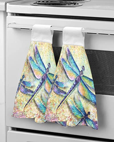 2 Pcs Hanging Towels Painting Dragonfly Watercolor Hand Towels Dish Towel For Kitchen Bathroom Absorbent Tie Towels Tea Bar Towels With Loop #TOP4