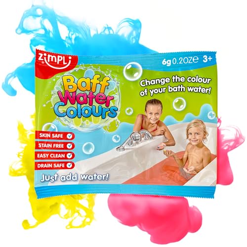 ZIMPLI - Baff Water Colours Party Bag Filler, 3 tabs in each bag, Blue, Red or Yellow, Children's Colour Changing Bath Tab Drops, Pass the Parcel Gifts