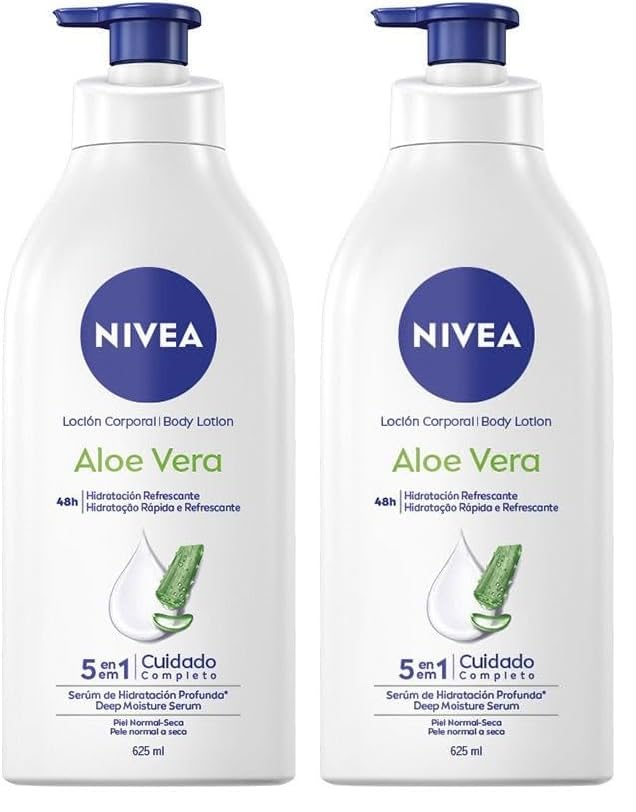 NIVEA Loción Corporal Aloe Vera (1 x 625 ml), body loción refrescante para 72 h de hidratación profunda, loción hidratante con aloe vera, ácido hialurónico y sérum nutritivo (Paquete de 2)