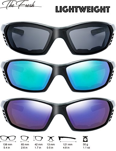 The Fresh 3 Pairs Motorcycle Riding Glasses Padded Frame Lens Block 100% Uvb For Outdoor Activity Sport (9-Shiny Black, Grey, Green Mirror, & Blue Mirror) #TOP1