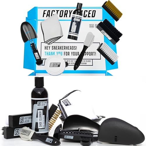 FACTORY LACED Shoe Cleaning Kit – Complete Sneaker Cleaner with 4 Brushes, 8oz Solution, Shoe Trees & Microfiber Towel – Works on Leather, Suede, Canvas & Mesh