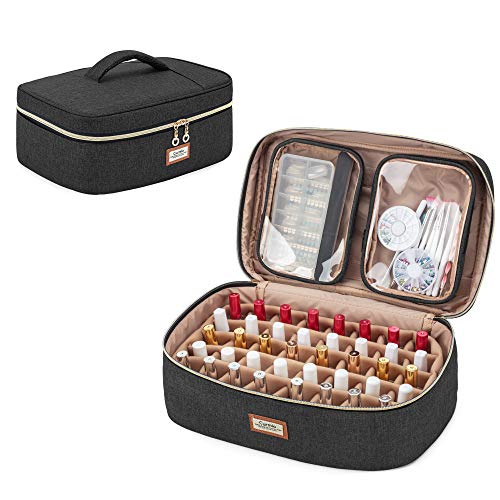 CURMIO Bolsa para Esmaltes de Uñas, Organizador Esmaltes para 40 Botellas (15ml/0.5 fl.oz), Estuche Pintauñas con 2 Bolsillos Transparentes Desmontable, Negro, (SOLA BOLSA) Cover