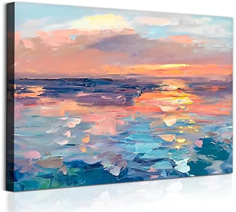 Abstract Seascape Canvas Wall Art Blue Orange Abstract Prints Blue Sea Pictures Orange Sunset Painting Modern Landscape Print Natural Landscape Poster Artwork for Walls Seascape Art 16x24inch No Frame