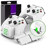 Fosmon Quad PRO Controller Charger Compatible with Xbox One/One X/One S Elite (Not for Xbox Series X/S 2020) Controllers, Dual Dock Charging Station with 4 Rechargeable Battery Packs - White