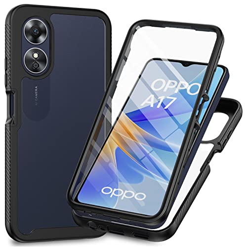 XINYEXIN Funda para OPPO A17, Protector de Pantalla Incorporado [360 Grados Antigolpes] Rugged Bumper Transparente Carcasa Case Cover - Negro