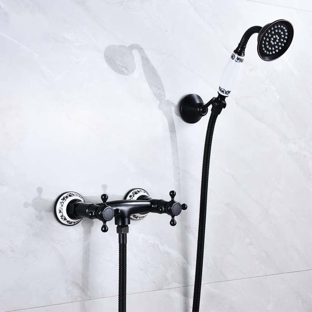 Grifo De Bañera Latón Dos Mandos Grifo De Ducha Con Ducha De Mano Retro Antique Estilo Montaje En Pared Mezclador De Baño Y Ducha, 150 Cm Manguera, Negro