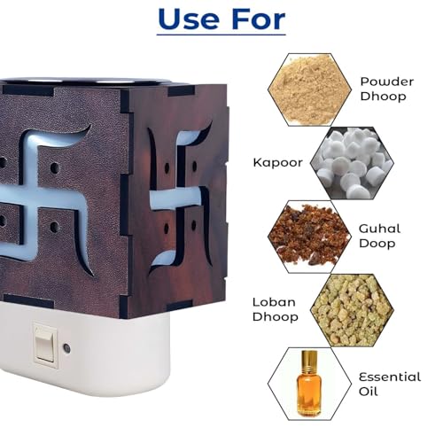 Image of Wooden Swastik Electrical Kapoor Dani /Camphor Diffuser Burner /Multipurpose Incense Aroma Dhoop Dani /Electrical Machine Stand for Home Fragrance /Room Freshener