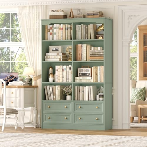 FINETONES 71' Tall Bookshelf with 4 Drawers, 6-Tier Double Wide Bookshelves and Bookcases with Storage, Green Bookshelf Large Open Bookshelves Standing Book Cabinet for Home Office