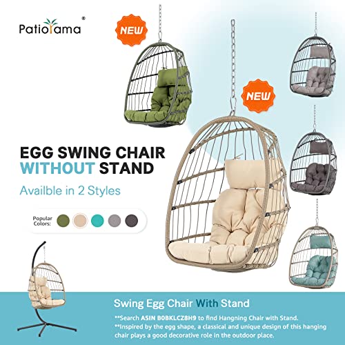 Patiorama Indoor Outdoor Egg Swing Chair Without Stand, Patio Wicker Rattan Hanging Chair W/Cushion, 350Lbs Capacity, All Weather Foldable Hammock Chair Basket Chair For Bedroom, Porch (Beige) #TOP1