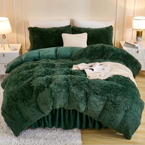 Andency Fluffy Emerald Green Comforter Set King Size, 3 Pieces Winter Faux Fur Warm Soft Fuzzy Plush Bedding Comforter Set (1 Velvet Comforter & 2 Pillowcases), Thick Heavy Puffy Comfy Bedding Set
