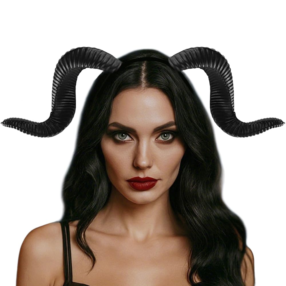 Women Halloween Devil Horns Headband Gothic Demon Witch Hairband Ox Sheep Horn Hair Hoop Headdress Day of the Dead Headwear Halloween Cosplay Party Headpiece Fancy Dress Costume Hair Accessory — image 1