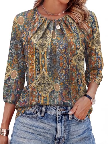 3/4 Length Sleeve Womens Tops Blouses for Women Dressy Casual Spring Summer Tops 2026 Trendy Ladies Beach Vacation Clothes Business Casual Outfits Fashion Clothing Blue Boho Stripe M